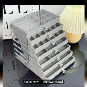 🆕️ SILVER GREY VELVET JEWELRY ORGANIZER BOX - 7 DRAWER